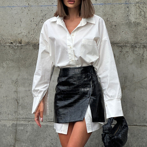 Color-Women Clothing Spring Wear a Set of Simple Loose White Shirt Waist Seal Skirt Outfit-Fancey Boutique