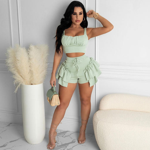 Women Wear Spring Summer Solid Color Vest Ruffled Stringy Selvedge Elastic Band Belt Two Pieces Blouse Pants-Fancey Boutique