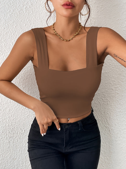 Camisole Wide Shoulder Strap Sleeveless Outerwear Top Sexy Slim Fit Sexy Back-Light Brown-Fancey Boutique