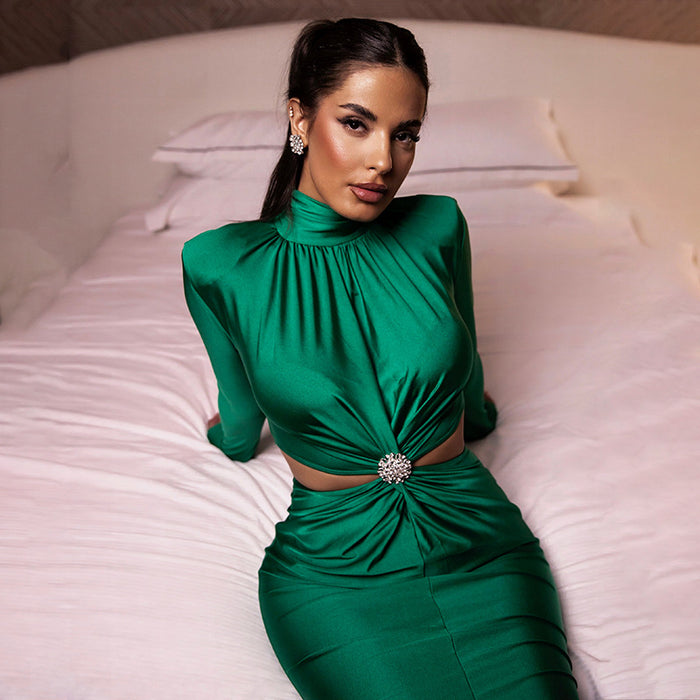 Color-Green-Half High Collar Long Sleeves Stitching Dress Women Sexy Backless Pleated Dress Winter-Fancey Boutique