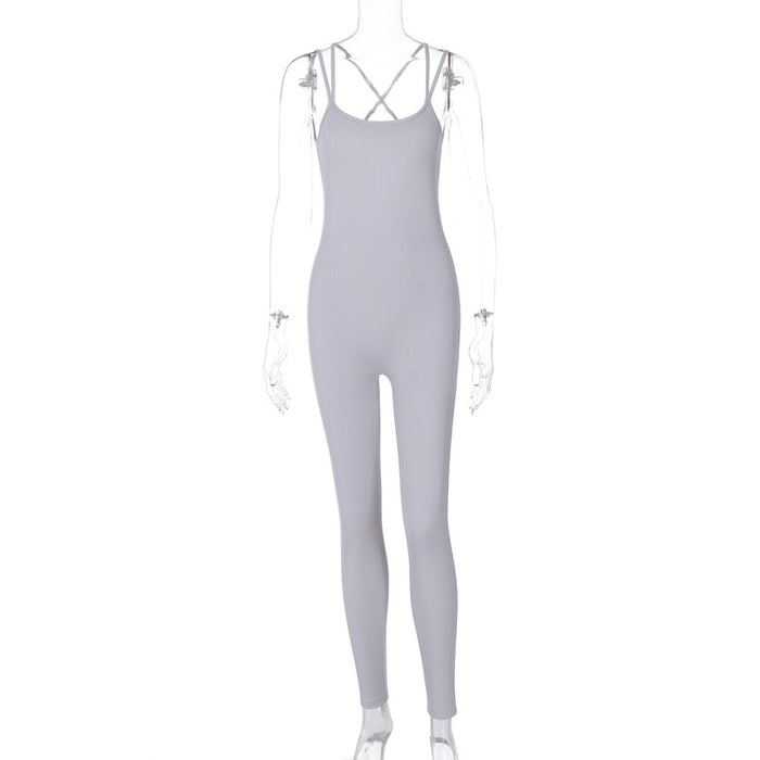 Color-Gray-Winter Women Clothing Solid Color Rib Sexy Backless Slim Fit Sports Jumpsuit-Fancey Boutique