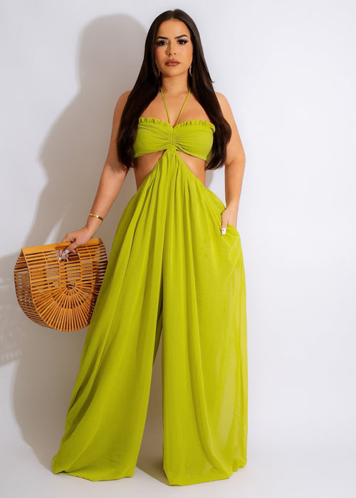 Color-Fruit Green-Source Sexy Chiffon Chest Wrapped Bare Back Wide Leg Jumpsuit Women Clothing-Fancey Boutique