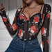 Color-Black-Vintage Printed Lace V neck Chest Shaped Sexy Elegant Stretch Slim Fit Thin Long Sleeved Top-Fancey Boutique