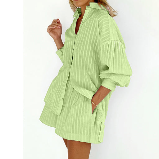 Color-Green-Summer Women Clothing Shirt Jacquard Striped Puff Sleeve Shorts Office Design Casual Set-Fancey Boutique