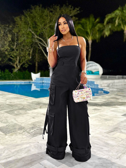 Women Clothing Sexy Tube Top Multi Pocket Workwear Jumpsuit Wide Leg Jumpsuit-Black-Fancey Boutique