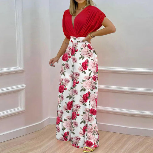 Color-Red Printing-Women Clothing Summer Elegant V neck Printed Wide Leg Pants Casual Set-Fancey Boutique