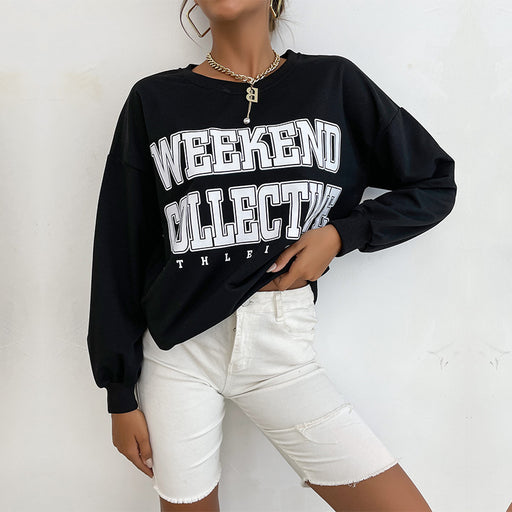 Color-Black-Autumn Women Clothing Long Sleeve Letter Graphic Crew Neck Sweater-Fancey Boutique