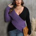 Color-Purple-Autumn Winter Women Tops plus Size Women Clothes Color Contrast Patchwork Deep V Plunge Cross Sexy Sweater-Fancey Boutique