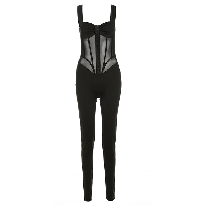 Color-Black-Spring Women Clothes Suspenders Sexy Low Cut See Through Slim Slimming Jumpsuit-Fancey Boutique