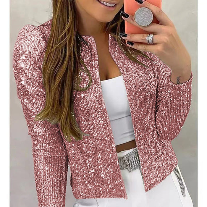 Color-Pink-Spring Women Stand Collar Color Matching Sequ Coat Short Casual Small Coat-Fancey Boutique