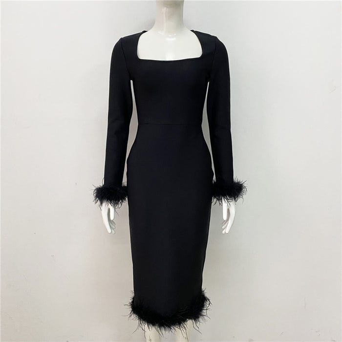 Color-Black-Sexy Long Sleeve Feather Slim Fit Bandage Dress Ladies Party Cocktail Dress-Fancey Boutique