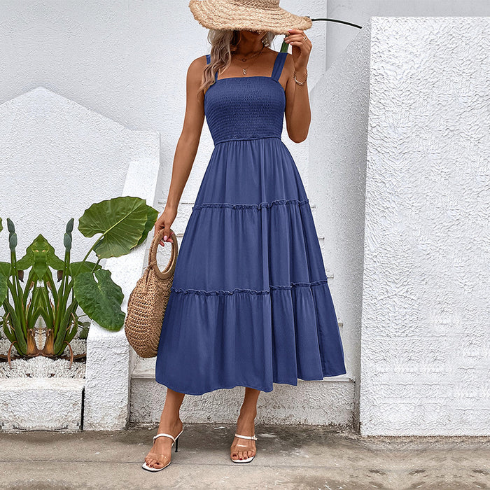 Color-Haze Blue-Women Solid Color Sling Summer Dress-Fancey Boutique