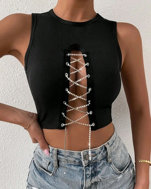 Color-Summer Rib Cropped Vest Women Round Neck Hollow Out Cutout Rhinestone Lace up Sexy Sleeveless Short Top Women-Fancey Boutique