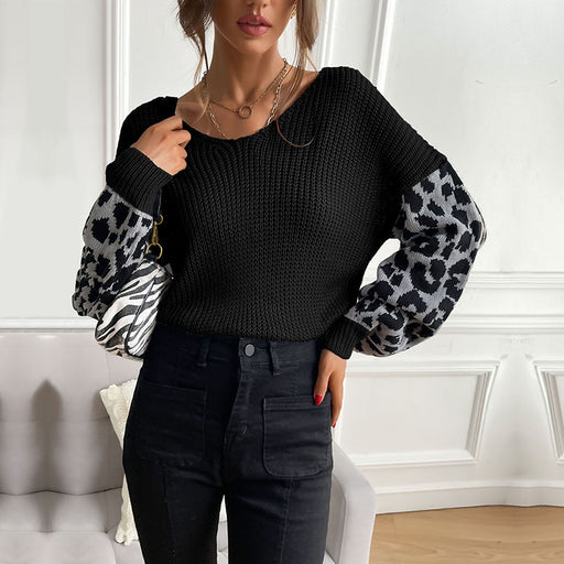 Color-Black-Autumn Women Thin round Neck Knitted Pullover Leopard Print Sweater Women-Fancey Boutique