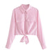 Color-Pink-Summer Women Clothing Street Casual All Matching Short Bow Tie Shirt-Fancey Boutique