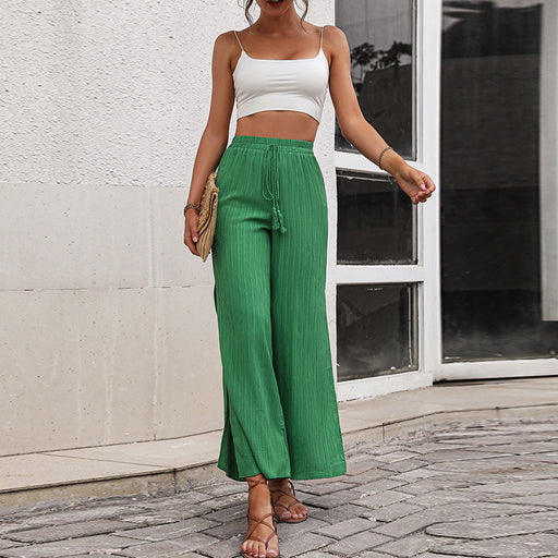 Color-Green-Side Slit High Waist Casual Women Wide Legged Pants Loose Lace Up Pants-Fancey Boutique