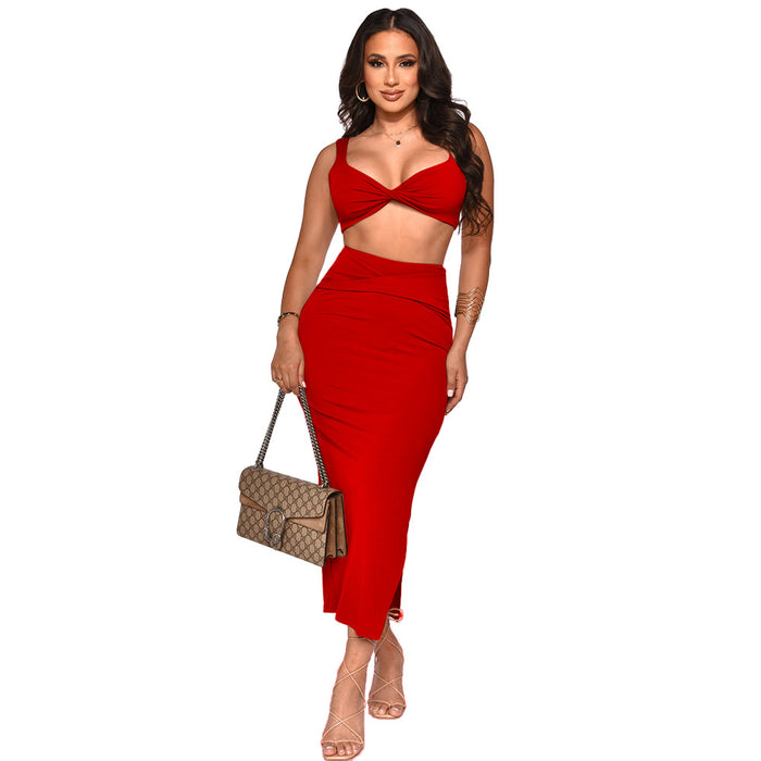 Color-Red-Sexy Sleeveless Tube Top Solid Color Skirt Set Women Clothing-Fancey Boutique