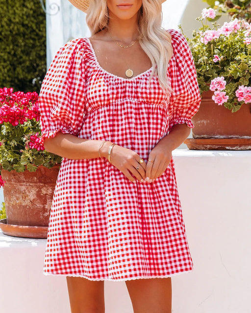 Color-Red-Women Clothing Summer New Sweet Plaid V-neck Stitched Backless Waist Babydoll Dress-Fancey Boutique