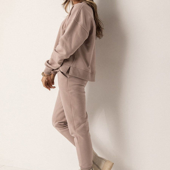 Color-Pink-Autumn Winter Sweater Casual Set Solid Color Lazy Drop Shoulder Sleeve round Neck Shirt Beam Foot Length Rain Pants-Fancey Boutique