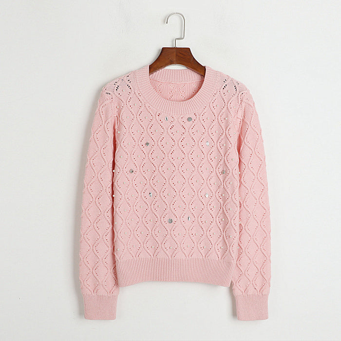 Color-Pink-Diamond Beaded Round Neck Sweater Autumn Winter Oversized Loose Coat Women Knitted Cardigan-Fancey Boutique