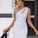 Color-White-Single Shoulder Chain Detail Sequined Tight Dress-Fancey Boutique