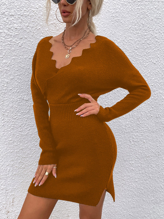 Color-Khaki-Autumn Winter Wave Pattern V neck Split Sweater Dress Women-Fancey Boutique