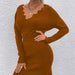 Color-Khaki-Autumn Winter Wave Pattern V neck Split Sweater Dress Women-Fancey Boutique