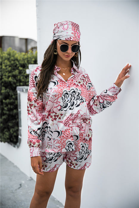 Color-Pink-spring Autumn Retro Shirt Shorts Headscarf Three-Piece Suit-Fancey Boutique