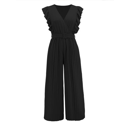 Color-Black-Sexy Slim Jumpsuit High Waist Sleeveless Lotus Leaf V neck Pleated Wide Leg Skort Women-Fancey Boutique