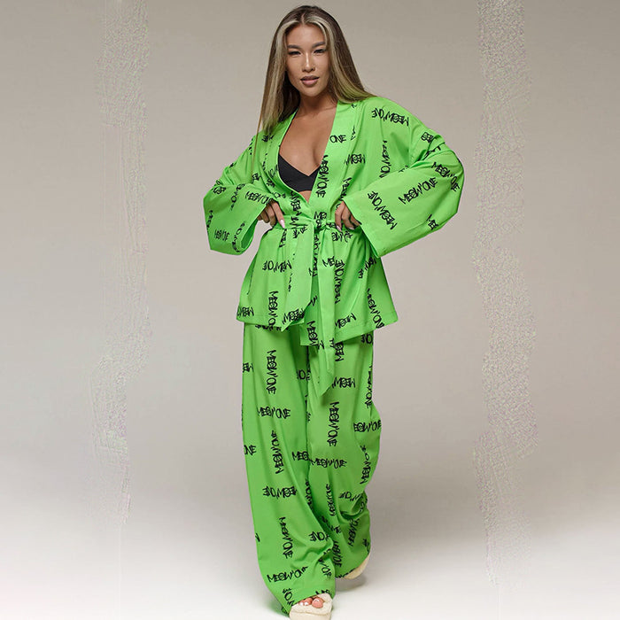 Color-Green-Summer Printed Artificial Silk Casual Breathable Loose Comfortable Pajamas Ladies Homewear Outer Wear-Fancey Boutique