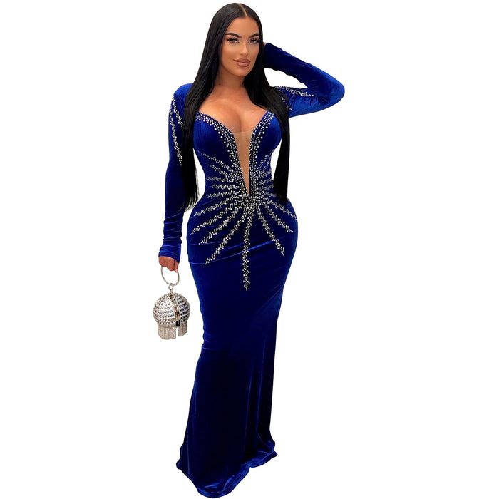 Color-Blue-Women Wear Solid Color Sexy Rhinestone Long Sleeve Dress Dress-Fancey Boutique