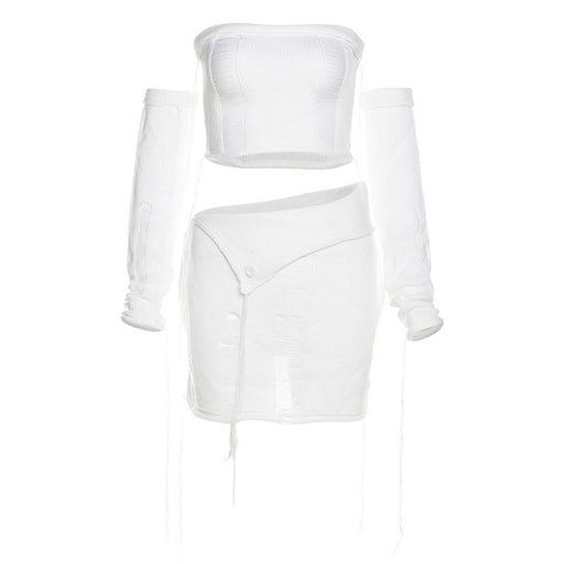 Color-White Cuff-Women Spring Clothing Sexy Tube Top Exposed Cropped See through High Waist Tassel Irregular Asymmetric Skirt Set-Fancey Boutique