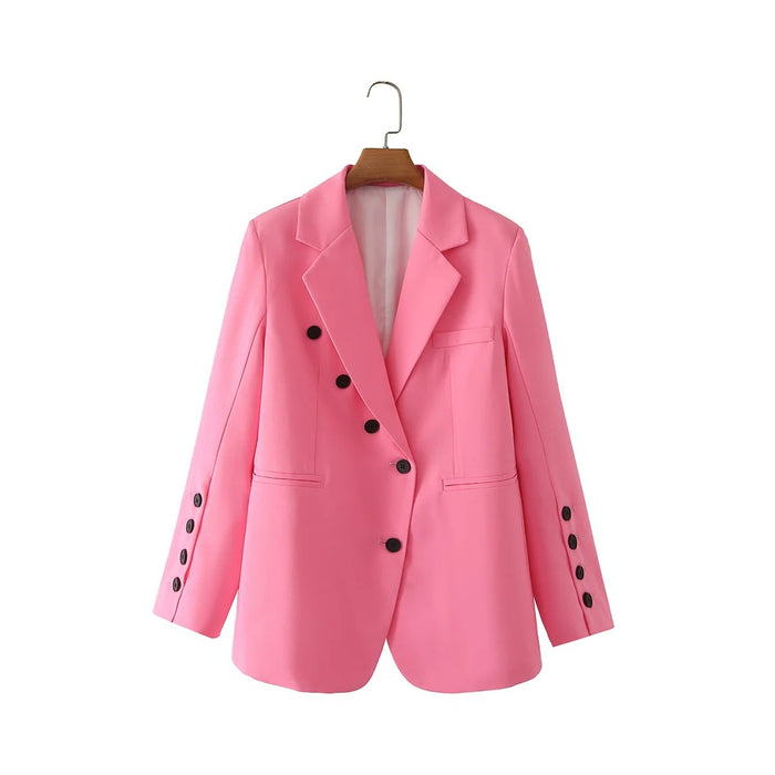 Color-Pink-Spring Autumn Oblique Buckle Multi-Button Irregular Asymmetric Pink Blazer Women Sweet Loose Top-Fancey Boutique
