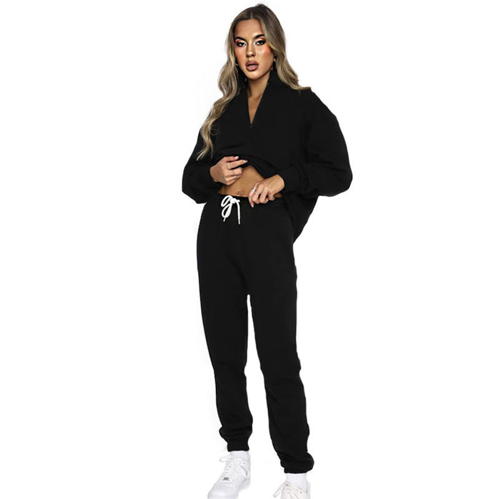 Color-Black-Autumn Winter Solid Color Stand Collar Zipper Pullover Long Sleeve Sweater Two Piece Set Smart Trousers Suit-Fancey Boutique