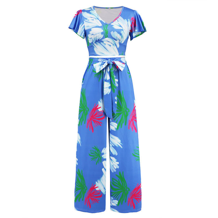 Color-Blue-Summer Women Wide Leg Pants Set Slimming Casual Culottes Two Piece Set-Fancey Boutique