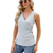 Summer Solid Color V neck Button Cinched Sleeveless Vest Top Ladies-Light Gray-Fancey Boutique