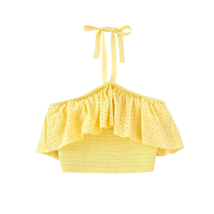 Color-Yellow-Women Clothing Summer Hollow Out Cutout Embroidered Knitted Sling Sexy Dress Halter Top-Fancey Boutique