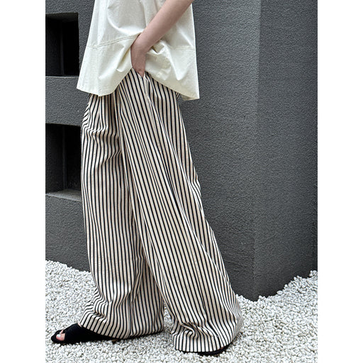 Drooping Loose Feeling Striped Wide Leg Pants Women Elastic Waist Casual Pants Minimalist All Match Lazy Pants-Fancey Boutique