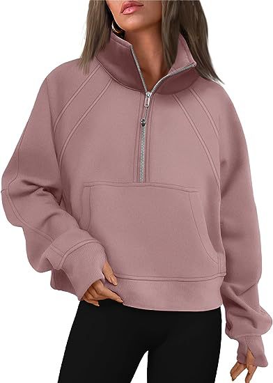 Color-Khaki-Women Clothing Half Zipper Short Stand Collar Thumb Hole Brushed Hoody-Fancey Boutique