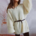 Color-Beige with Belt-Autumn Winter Loose Solid Color off Neck Thickened with Belt Knitted Sweater Dress-Fancey Boutique