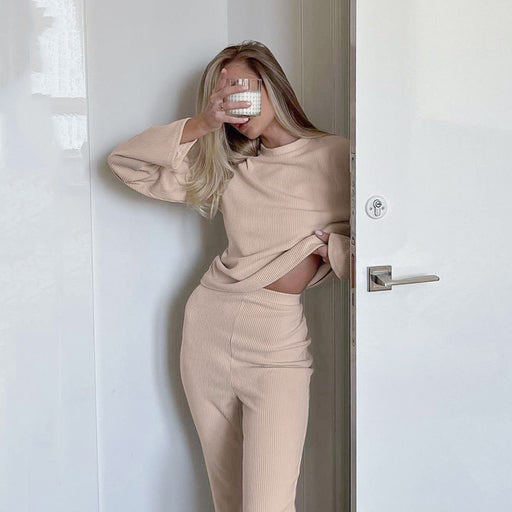 Color-Khaki-Fall French Comfort Casual Knitted Sunken Stripe Loose Suitable for Daily Wear Pajamas Ladies Homewear-Fancey Boutique
