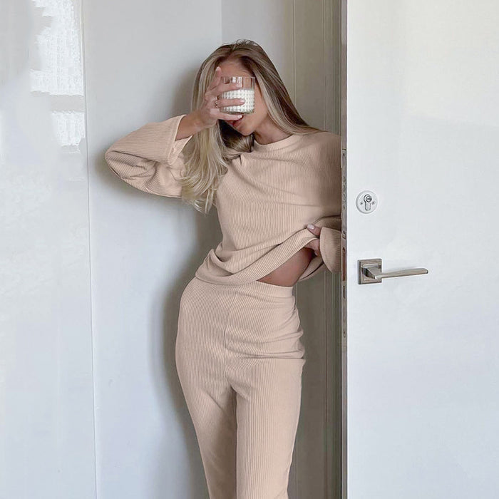 Color-Khaki-Fall French Comfort Casual Knitted Sunken Stripe Loose Suitable for Daily Wear Pajamas Ladies Homewear-Fancey Boutique