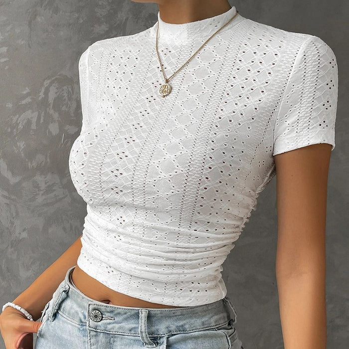 Slim T shirt Solid Color Women Sexy Hollow Out Cutout out Cropped Short Small Shirt Women-White-Fancey Boutique