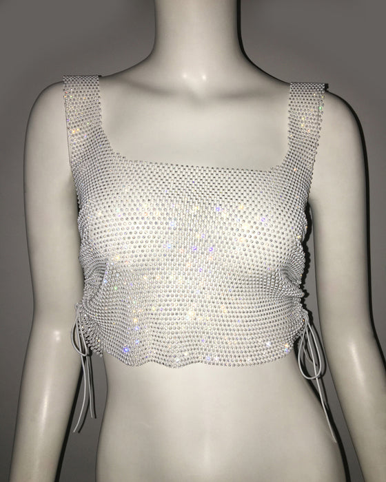Sexy Vest Top Drawstring Vest Lace Up Adjustable Fishnet Rhinestone Sweet Spicy Top-Tank Top-White-Fancey Boutique