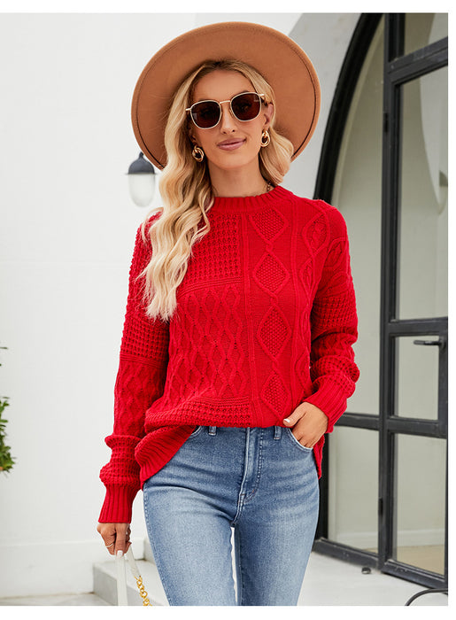 Color-Red-Twist Casual Solid Color round Neck Sweater Idle Autumn Winter Loose Pullover Sweater-Fancey Boutique