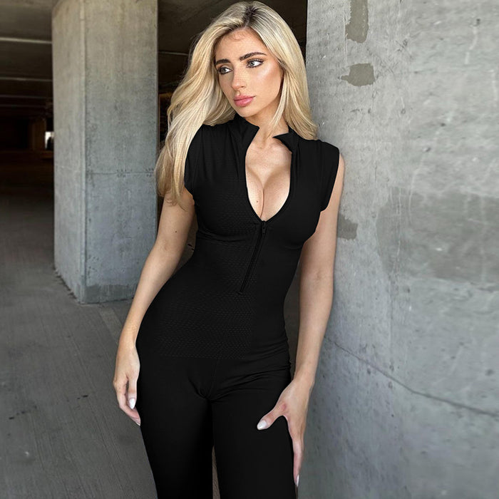 Color-Black-Women Clothing Summer Sexy Chest Zipper Tight Fitting Solid Color Jumpsuit Women-Fancey Boutique