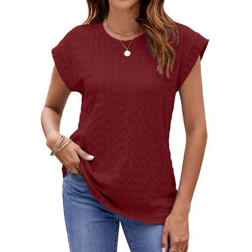 Spring Summer Solid Color Jacquard Loose Fitting round Neck Short Sleeve T shirt Top Women-Burgundy-Fancey Boutique