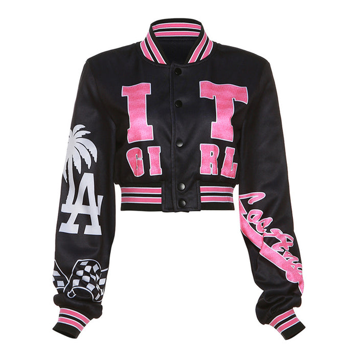 Color-Pink-Fall Women Clothing Sexy Retro Printed Cardigan Varsity Jacket Coat-Fancey Boutique