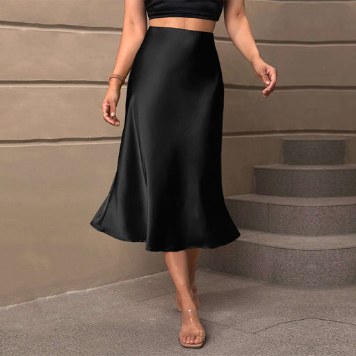 Color-Black-Autumn Winter Women Clothing Elegant Slimming Satin Skirt High Waist Sheath Mid Length Fishtail Skirt-Fancey Boutique