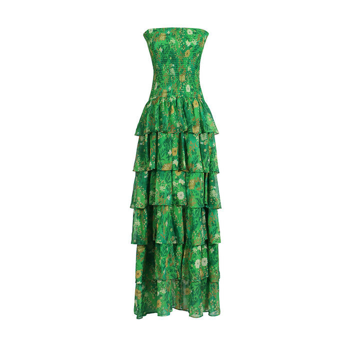 Outdoor Tube Top Dress Flounced Summer French High Sense Chiffon Dress-Green-Fancey Boutique